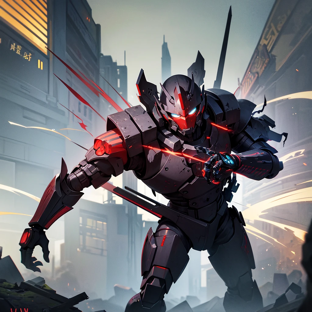 A battered cyborg samurai, with obvious damage, is facing off against the evil boss Mecha ninja in an urban decay setting. The scene unfolds with intense energy as the cyborg samurai prepares to engage in an epic battle. The cyborg samurai stands tall, emanating a sense of perseverance and determination. The surface of its body reveals the wear and tear of countless battles, with battle scars and damaged armor adding to its fierce appearance. The cyborg samurai possesses a blend of futuristic technology and ancient samurai aesthetics, embodying the spirit of traditional Japanese warriors in a cybernetic form. The color scheme of the cyborg samurai showcases elements of the traditional Japanese culture, with a focus on vibrant and contrasting hues. The color palette includes rich reds, deep blues, and vibrant gold, representing the iconic Japanese color scheme. These colors add an exquisite touch to the visuals, creating a sense of authenticity and cultural significance. On the other side, the evil boss Mecha ninja stands in a purple chrome color scheme, exuding an aura of mystery and power. The purple chrome finish highlights the ninja's advanced technological enhancements, giving it an otherworldly appearance. The Mecha ninja's design is sleek and agile, with sharp edges and an intimidating presence. The urban decay setting adds a gritty and dystopian atmosphere to the scene. The backdrop is filled with dilapidated buildings, overgrown vegetation, and decaying infrastructure, signifying the aftermath of a once-bustling city. The crumbling structures and faded graffiti emphasize the sense of abandonment and desolation. In terms of image quality, the prompt demands the highest standards. The generated image should possess the best quality, with a resolution of 4k or 8k. The level of detail should be ultra-detailed, approaching photorealism. The lighting should be carefully designed, with studio lighting techniques enhancing the overall impact of the image. The co
