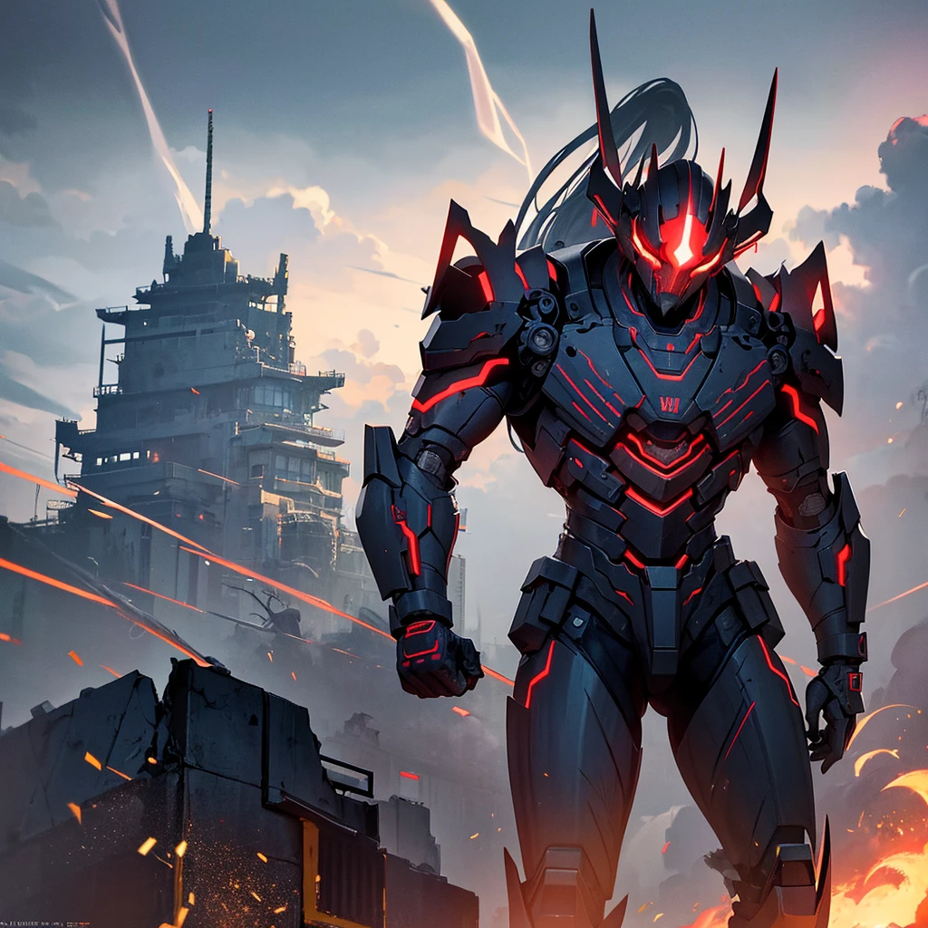 A battered cyborg samurai, with obvious damage, is facing off against the evil boss Mecha ninja in an urban decay setting. The scene unfolds with intense energy as the cyborg samurai prepares to engage in an epic battle. The cyborg samurai stands tall, emanating a sense of perseverance and determination. The surface of its body reveals the wear and tear of countless battles, with battle scars and damaged armor adding to its fierce appearance. The cyborg samurai possesses a blend of futuristic technology and ancient samurai aesthetics, embodying the spirit of traditional Japanese warriors in a cybernetic form. The color scheme of the cyborg samurai showcases elements of the traditional Japanese culture, with a focus on vibrant and contrasting hues. The color palette includes rich reds, deep blues, and vibrant gold, representing the iconic Japanese color scheme. These colors add an exquisite touch to the visuals, creating a sense of authenticity and cultural significance. On the other side, the evil boss Mecha ninja stands in a purple chrome color scheme, exuding an aura of mystery and power. The purple chrome finish highlights the ninja's advanced technological enhancements, giving it an otherworldly appearance. The Mecha ninja's design is sleek and agile, with sharp edges and an intimidating presence. The urban decay setting adds a gritty and dystopian atmosphere to the scene. The backdrop is filled with dilapidated buildings, overgrown vegetation, and decaying infrastructure, signifying the aftermath of a once-bustling city. The crumbling structures and faded graffiti emphasize the sense of abandonment and desolation. In terms of image quality, the prompt demands the highest standards. The generated image should possess the best quality, with a resolution of 4k or 8k. The level of detail should be ultra-detailed, approaching photorealism. The lighting should be carefully designed, with studio lighting techniques enhancing the overall impact of the image. The co