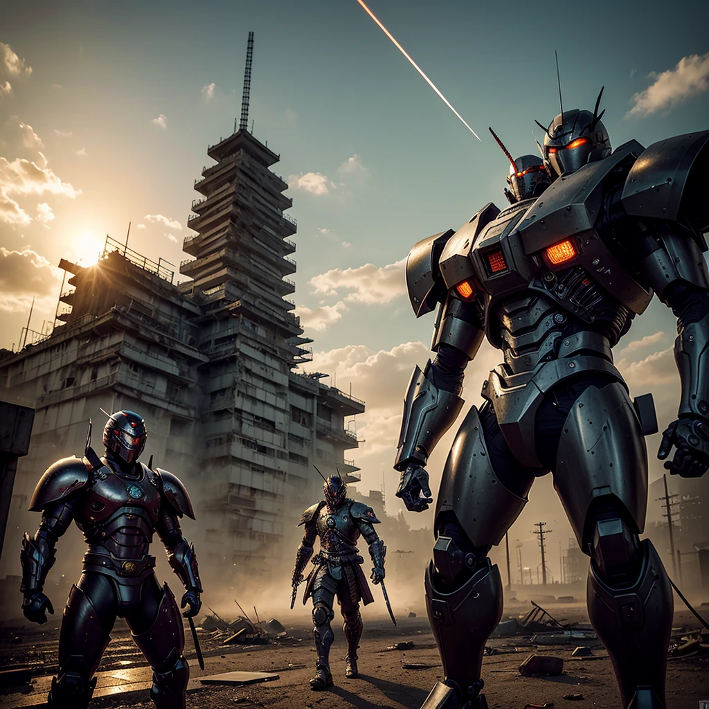 A battered cyborg samurai, with obvious damage, is facing off against the evil boss Mecha ninja in an urban decay setting. The scene unfolds with intense energy as the cyborg samurai prepares to engage in an epic battle. The cyborg samurai stands tall, emanating a sense of perseverance and determination. The surface of its body reveals the wear and tear of countless battles, with battle scars and damaged armor adding to its fierce appearance. The cyborg samurai possesses a blend of futuristic technology and ancient samurai aesthetics, embodying the spirit of traditional Japanese warriors in a cybernetic form. The color scheme of the cyborg samurai showcases elements of the traditional Japanese culture, with a focus on vibrant and contrasting hues. The color palette includes rich reds, deep blues, and vibrant gold, representing the iconic Japanese color scheme. These colors add an exquisite touch to the visuals, creating a sense of authenticity and cultural significance. On the other side, the evil boss Mecha ninja stands in a purple chrome color scheme, exuding an aura of mystery and power. The purple chrome finish highlights the ninja's advanced technological enhancements, giving it an otherworldly appearance. The Mecha ninja's design is sleek and agile, with sharp edges and an intimidating presence. The urban decay setting adds a gritty and dystopian atmosphere to the scene. The backdrop is filled with dilapidated buildings, overgrown vegetation, and decaying infrastructure, signifying the aftermath of a once-bustling city. The crumbling structures and faded graffiti emphasize the sense of abandonment and desolation. In terms of image quality, the prompt demands the highest standards. The generated image should possess the best quality, with a resolution of 4k or 8k. The level of detail should be ultra-detailed, approaching photorealism. The lighting should be carefully designed, with studio lighting techniques enhancing the overall impact of the image. The co
