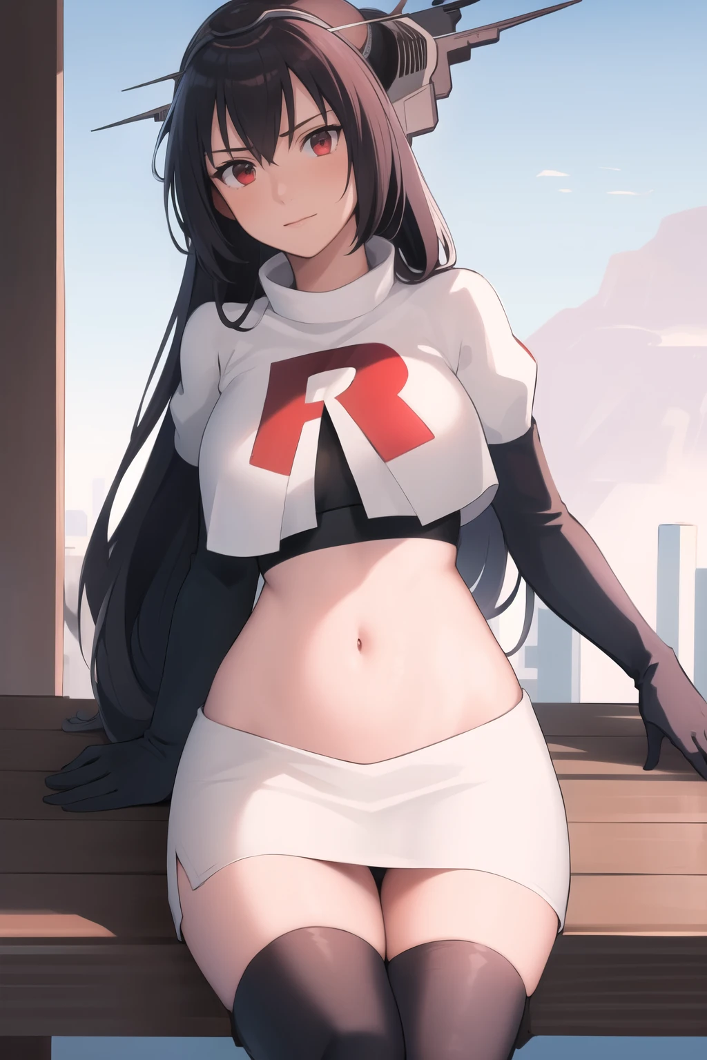 (masterpiece, best quality:1.2),illustration,8k,hd,1girl,solo,black_hair,long_hair,red_eyes,large_breasts,hair_between_eyes,headgear,navel,team rocket,team rocket uniform,white skirt,crop top,black thigh-highs,black elbow gloves,