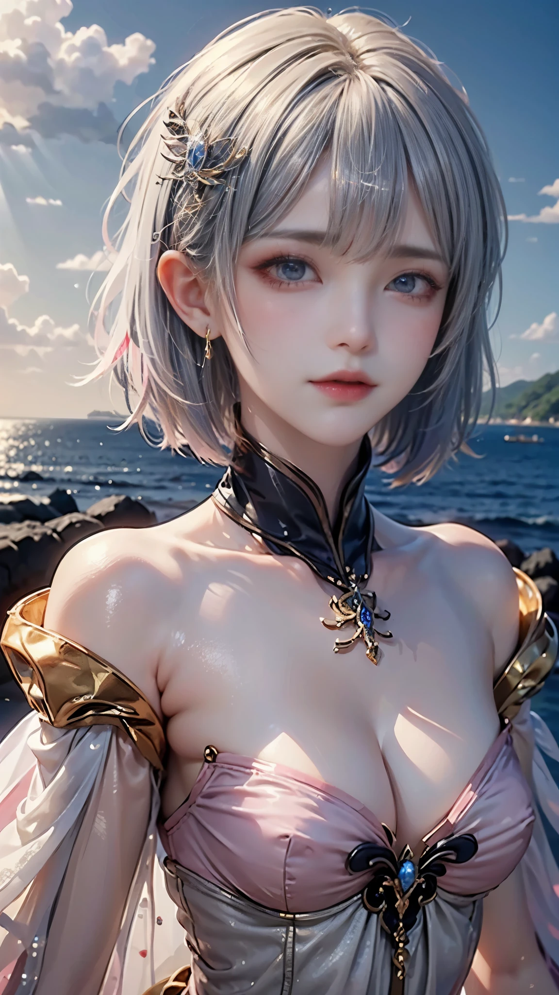 (masterpiece, best quality, beautiful girl, pretty face:1.5), (Gray pink short hair:1.5), (Upper body, Bangs:1.2), small waist, (simple background:1.4), beach, (horizon, Beautiful sea, Sky, sunny:1.2), bikini, face light, 8k, official art, original photo, Extremely ridiculous, depth of field, looking at the audience, Surreal, high resolution, photography, film grain, Color difference, sharp focus, bokeh background, Dynamic lighting, most detailed, Extremely detailed, Super detailed, fine details, Extremely detailed eyes and face