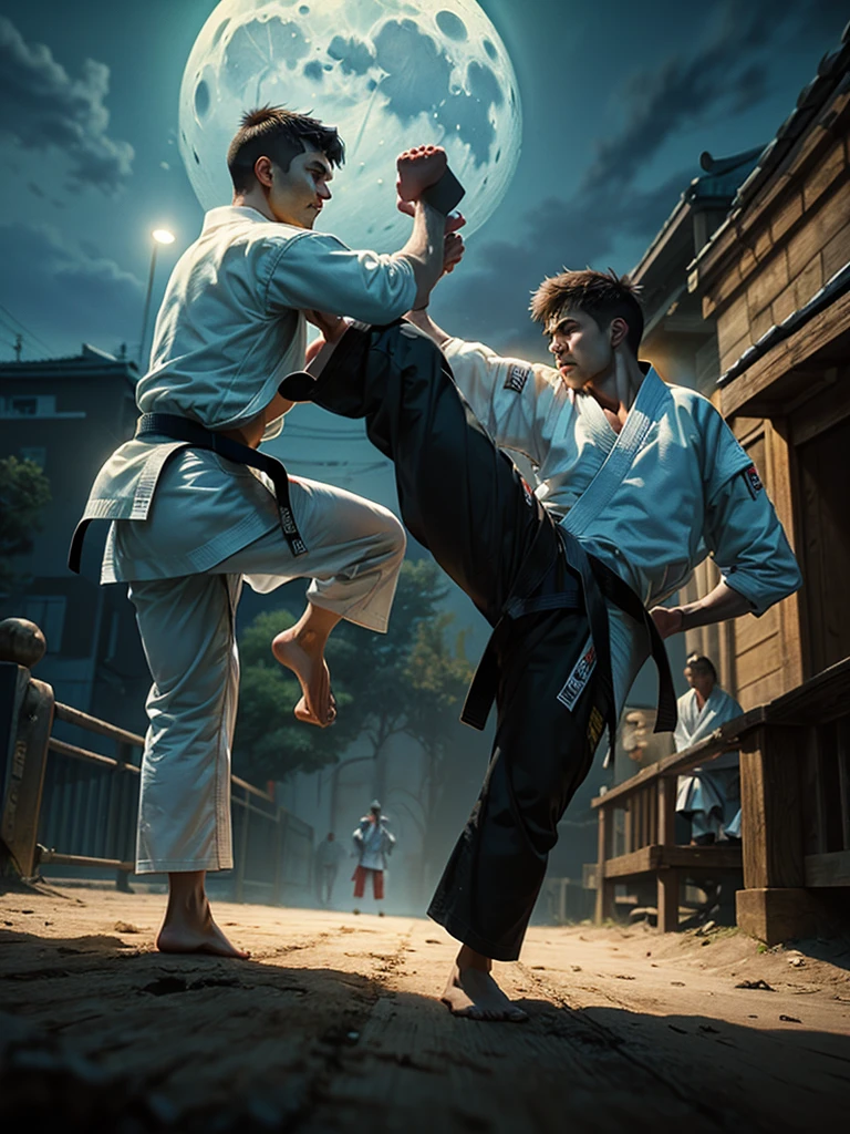 whole shot:1.4, (ultra detailed eyes), (((textile shading))), (((Best quality))), (((table))), (((ultra detailed CG))),(( Karate , between 2 strong men competing in front of each other: 1.5)), Karate, people watching the competition in a Japanese temple: 1.5, Final karate showdown, decisive battle moment, highly detailed, intricately magical and beautiful), night in a desert, moonlight bioluminescent lighting, Ultra High Definition, 8K, Unreal Engine 5, ultra sharp focus, intricate artwork masterpiece, ominous, golden ratio, highly detailed, vibrant, night with a huge moon, rendering of production film characters, ultra high quality model, 32k