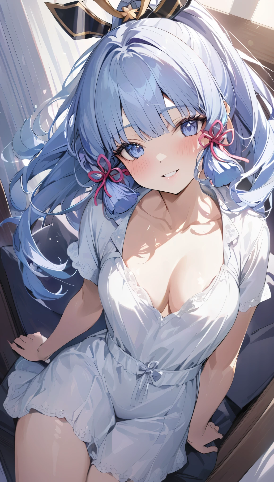 ayaka, long blue hair, beautiful face,smiling,close up to hips, moderate breast, sitting on beds, wearing beautiful white pajamas, (open mouth:0.4),illustration,detailed textures(realists),ultra-detailed,portrait style,vivid colors,soft lighting, blushing, mature, no bras