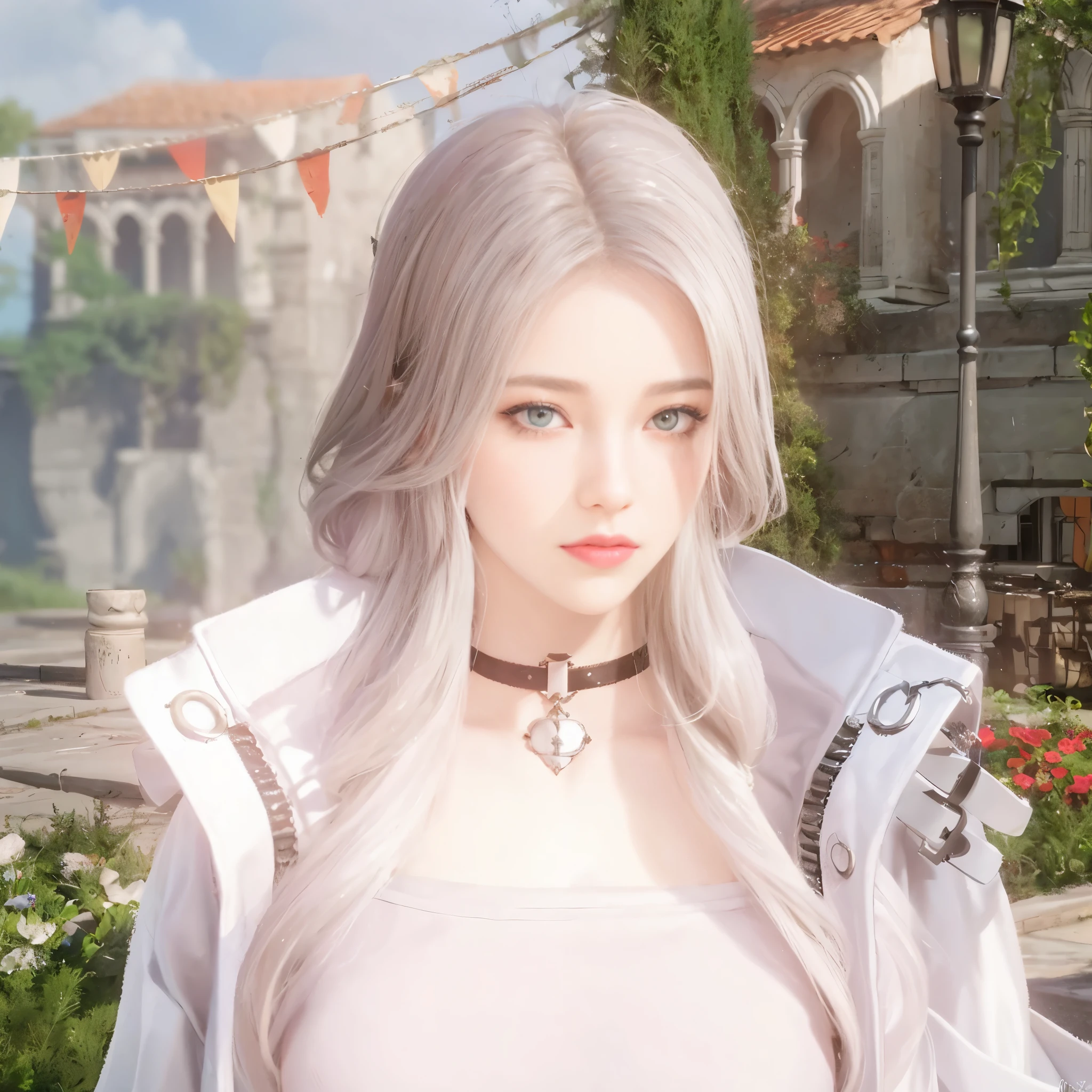 un gros plan d&#39;une femme aux cheveux longs portant une veste blanche, lineage revolution style 2, Tifa Lockhart aux cheveux blancs, Long white hair detailed, avec de longs cheveux blancs, Silver hair (queue de cheval), cheveux blancs - blonds, fille aux cheveux blancs, aux cheveux longs blancs, jeu de style square enix, je vais, Fille aux cheveux blancs parfaite, jolie femme religieuse