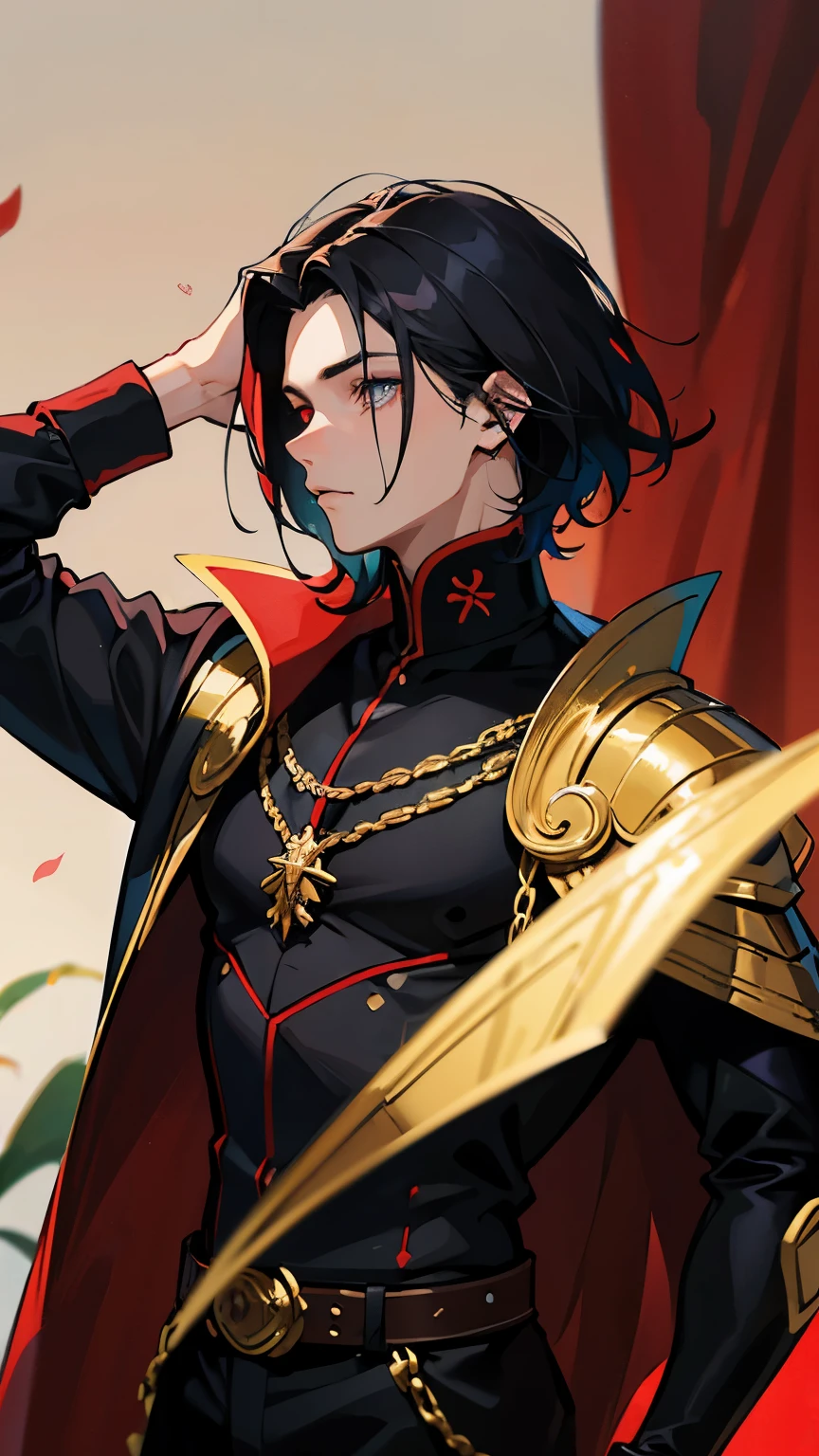 Tall man. A mysterious and dark character, whose presence exudes an ominous aura. It has a black color, As a resin, hairsh, piercing redness of the eyes, A debilitating scarlet glow;. Men's clothing of the 18th century, black with scarlet inserts. Who carried out the order to kill an influential person. He has a blade in his hands, sprinkled with fresh blood;. s face, who does not express emotions.
