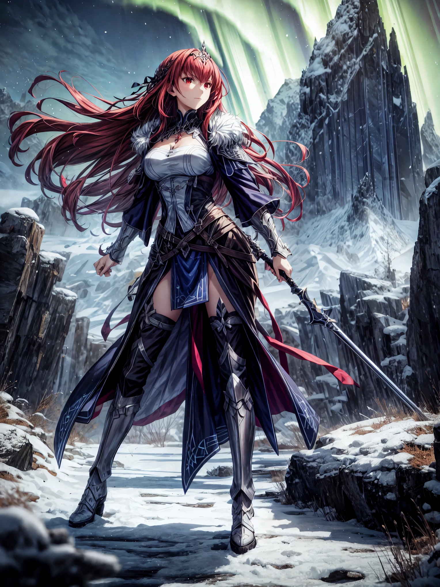 ((Masterpiece in maximum 8K resolution, art style inspired by games like Fate Grand Order, with a fusion of Scandinavian and Celtic elements.):1.4)  | Skadi, a woman with red hair and red eyes, is amidst an epic battle. She wears a detailed and ornate battle outfit adorned with Scandinavian and Celtic motifs, combining strength and beauty. Her stance is confident and powerful, holding a weapon in each hand, ready to face any adversary. Around her, a mystical and enchanted landscape unfolds, with snow-covered mountains, dense forests, and a sky lit up by the aurora borealis. | The scene composition is dynamic, with the camera positioned at a low angle, emphasizing Skadi's imposing presence. The shot is medium, allowing both the character's details and the landscape to be appreciated. | The lighting is dramatic, with predominantly cool tones and warm touches in the highlighted areas. The cinematic lighting effect and depth of field create an immersive and realistic atmosphere. | Skadi, the red-haired and red-eyed warrior, in an epic battle in a mystical Scandinavian and Celtic landscape. | {The camera is positioned very close to her, revealing her entire body as she assumes a dynamic pose, interacting with and leaning against a structure in the scene in an exciting way.} | (((She takes a dynamic pose as she interacts, boldly leaning on a rock formation, looking into the distance with determination.))), (((((full-body_image))))), ((perfect_pose, perfect_anatomy, perfect_body)), ((perfect_finger, perfect_fingers, perfect_hand, perfect_hands, better_hands)), ((perfect_composition, perfect_design, perfect_layout, perfect_detail), (ultra_detailed, More Detail, Enhance)).