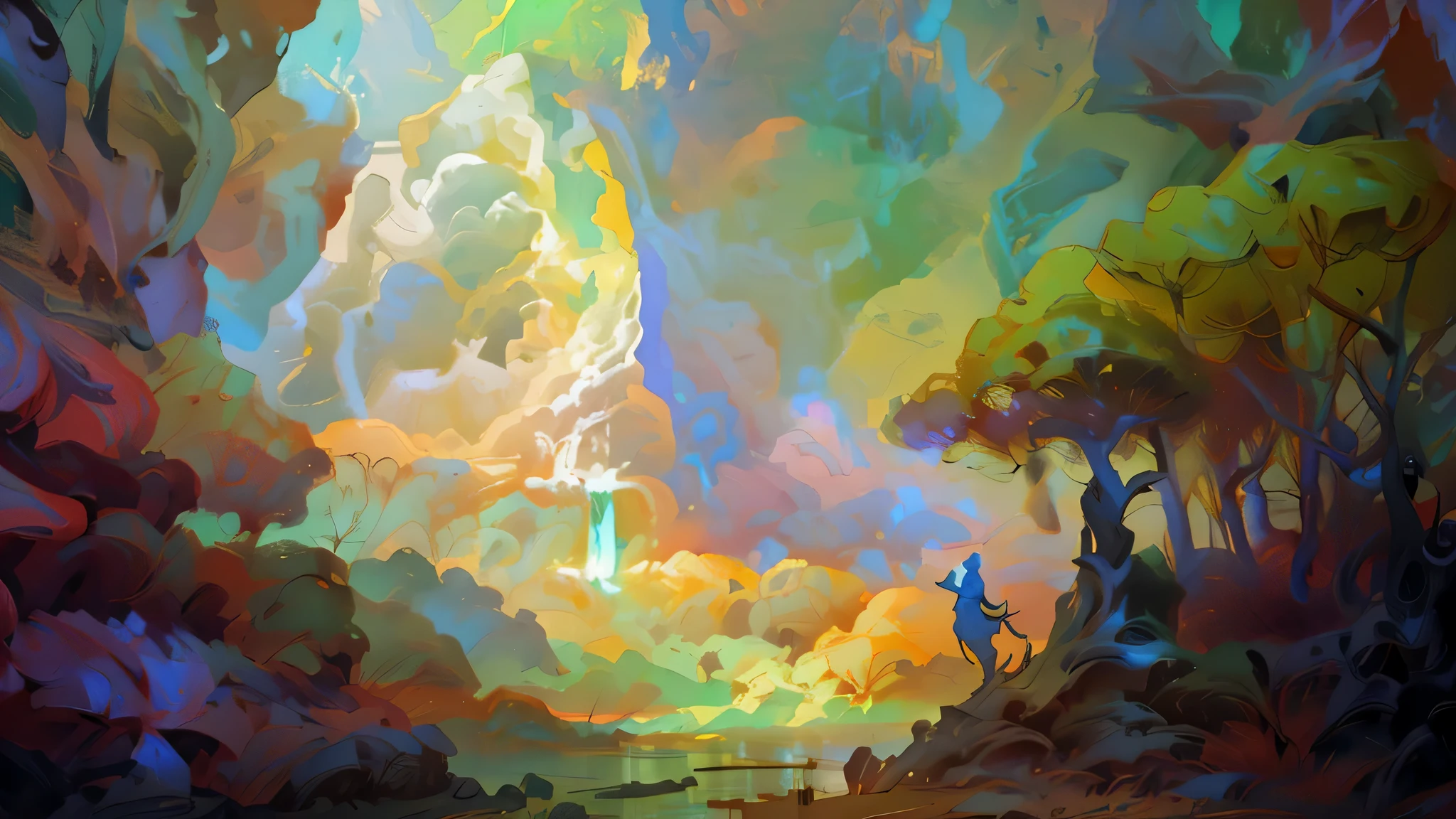 Waterfall Forest Angel Statue Painting, Painting concept art, dreamlike digital painting, fantasy painting style, digital painting concept art, Few details. digital painting, Stephen Vincent, Stylization, Oil paint concept art, Depicted as game concept art, Dreamy, author：Kieran Youngner