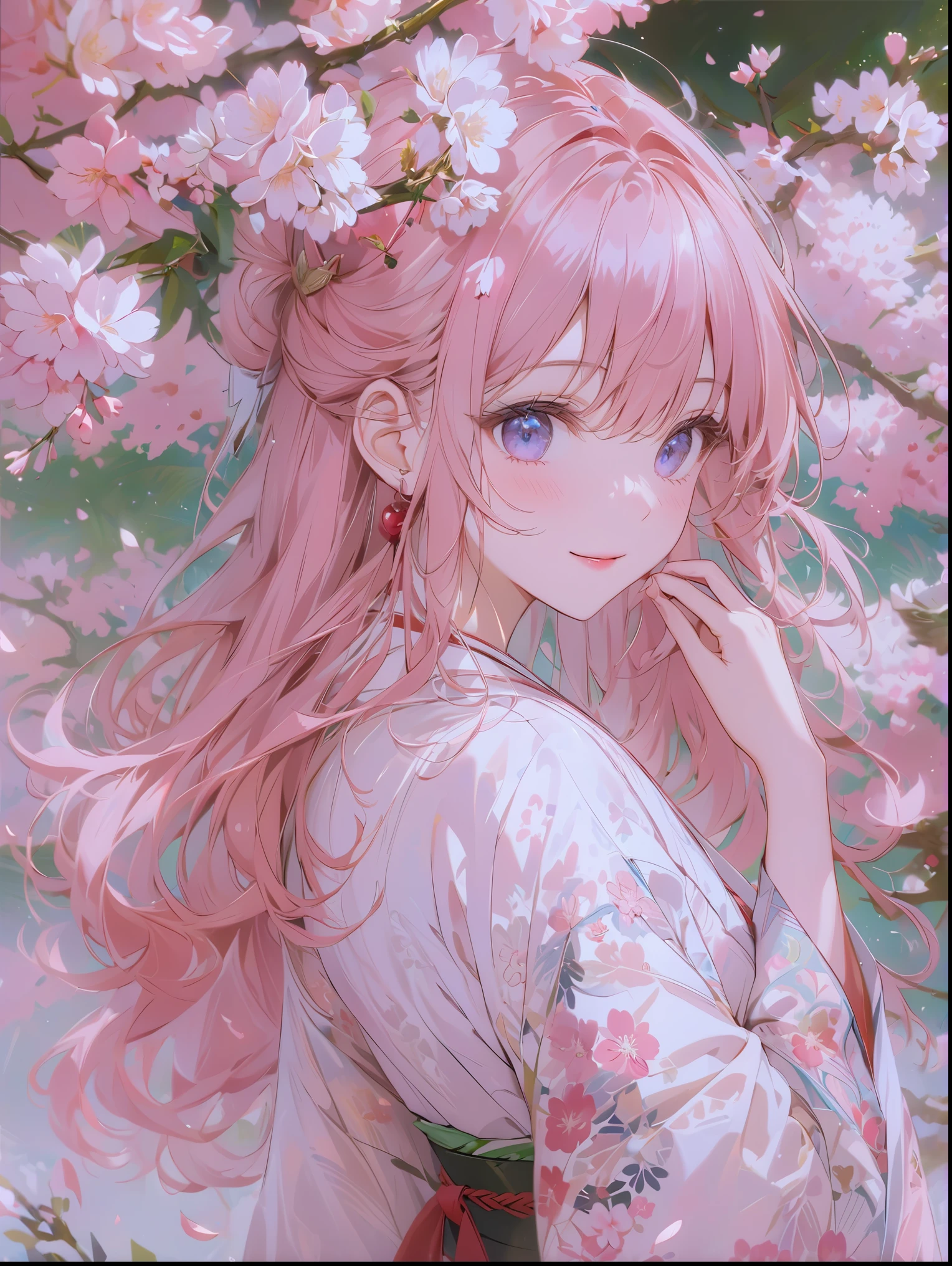 8K resolution, ((highest quality)), ((masterpiece)), ((super detailed)), (very delicate and beautiful), with a girl, solo, gentle expression, she is very(relax)with(Calm)Appearance, pink hair, Depth of the bounds written, bright smile, young expression,  bright peach-colored eyes, 美しいpink hair, beautiful background, long hair, linear art, pink kimono, Japan, Japan風, cherry blossomsのように輝く瞳, upper eye, wonderful eyes, Upper body, cherry blossoms, cherry blossomsの木, cherry blossomsの花が舞っている, knife, Japanknife