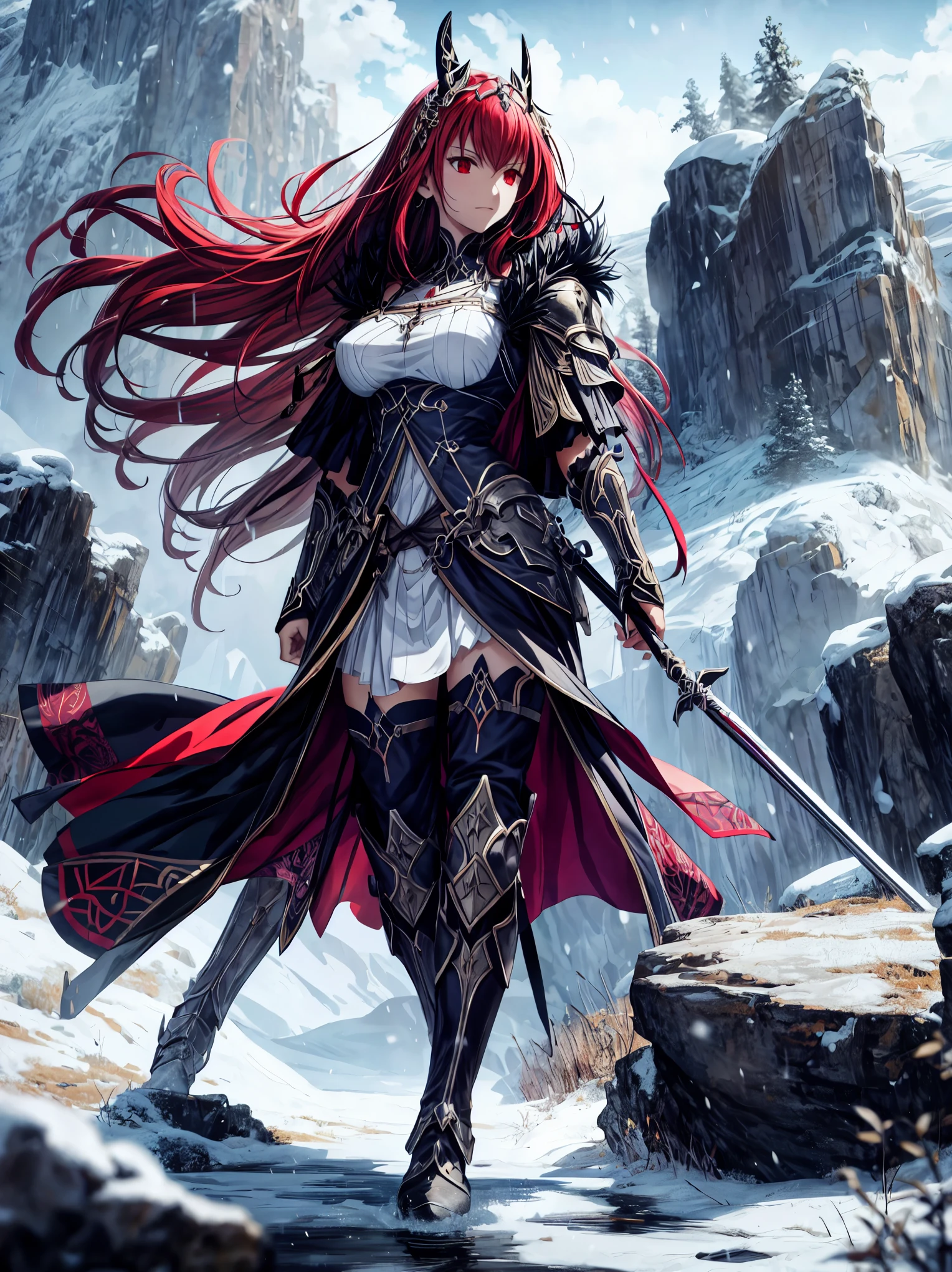 ((Masterpiece in maximum 8K resolution, art style inspired by games like Fate Grand Order, with a fusion of Scandinavian and Celtic elements.):1.4)  | Skadi, a woman with red hair and red eyes, is amidst an epic battle. She wears a detailed and ornate battle outfit adorned with Scandinavian and Celtic motifs, combining strength and beauty. Her stance is confident and powerful, holding a weapon in each hand, ready to face any adversary. Around her, a mystical and enchanted landscape unfolds, with snow-covered mountains, dense forests, and a sky lit up by the aurora borealis. | The scene composition is dynamic, with the camera positioned at a low angle, emphasizing Skadi's imposing presence. The shot is medium, allowing both the character's details and the landscape to be appreciated. | The lighting is dramatic, with predominantly cool tones and warm touches in the highlighted areas. The cinematic lighting effect and depth of field create an immersive and realistic atmosphere. | Skadi, the red-haired and red-eyed warrior, in an epic battle in a mystical Scandinavian and Celtic landscape. | {The camera is positioned very close to her, revealing her entire body as she assumes a dynamic pose, interacting with and leaning against a structure in the scene in an exciting way.} | (((She takes a dynamic pose as she interacts, boldly leaning on a rock formation, looking into the distance with determination.))), (((((full-body_image))))), ((perfect_pose, perfect_anatomy, perfect_body)), ((perfect_finger, perfect_fingers, perfect_hand, perfect_hands, better_hands)), ((perfect_composition, perfect_design, perfect_layout, perfect_detail), (ultra_detailed, More Detail, Enhance)).