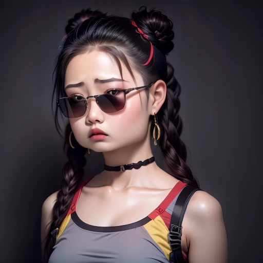 (best quality, masterpiece:1.2), ID photo of a 13-year-old Chinese girl, sportswear, Camisole vest,Pure cotton,gray background, Surrealism, Ultra high quality, textured skin, high detail,facing the camera, 8K crocodile skeleton(((Platinum marble sunglasses)))