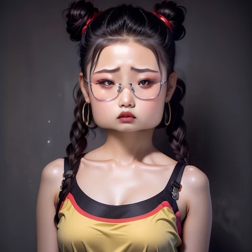 (best quality, masterpiece:1.2), ID photo of a 13-year-old Chinese girl, sportswear, Camisole vest,Pure cotton,gray background, Surrealism, Ultra high quality, textured skin, high detail,facing the camera, 8K crocodile skeleton(((Platinum marble sunglasses)))