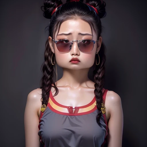 (best quality, masterpiece:1.2), ID photo of a 13-year-old Chinese girl, sportswear, Camisole vest,Pure cotton,gray background, Surrealism, Ultra high quality, textured skin, high detail,facing the camera, 8K crocodile skeleton(((Platinum marble sunglasses)))
