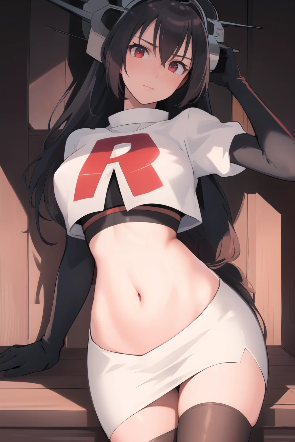 (masterpiece, best quality:1.2),illustration,8k,hd,1girl,solo,black_hair,long_hair,red_eyes,large_breasts,hair_between_eyes,headgear,navel,team rocket,team rocket uniform,white skirt,crop top,black thigh-highs,black elbow gloves,