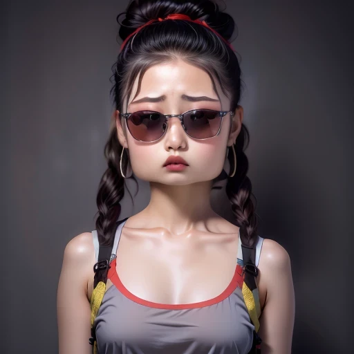 (best quality, masterpiece:1.2), ID photo of a -yeld Chse girl, sportswear, Camisole vest,Pure cotton,gray background, Surrealism, Ultra high quality, textured skin, high detail,facing the camera, 8K crocodile skeleton(((Platinum marble sunglasses)))