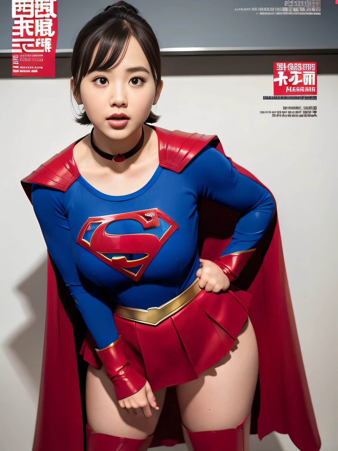 masterpiece、supergirl costume、short hair、Large and busty body type、test subject、Crisis situation、Research room、choker、long sleeve、red mini skirt、looking at camera、Weekly magazine cover、enamel boots