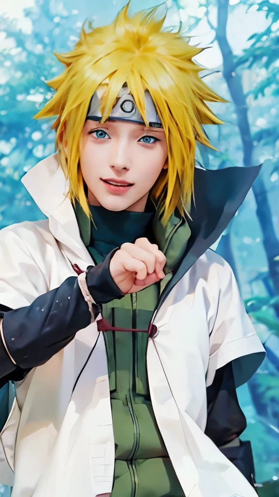 1 male, Anime Naruto Shippuden Namikaze, short hair , yellow hair, blue eyes, good looking, smile, white clothes, realistic clothes, details clothing, urban background, Super detailed, realistic