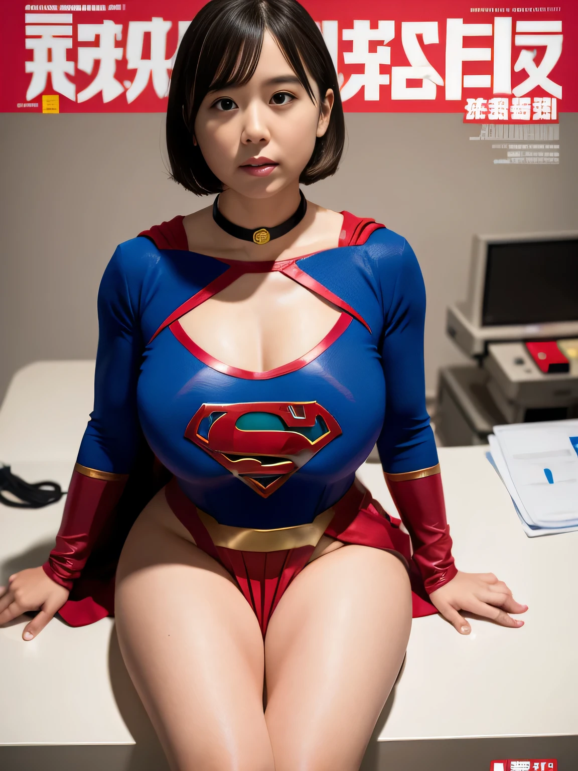 masterpiece、supergirl costume、short hair、Large and busty body type、test subject、On the operating table in the operating room、Crisis situation、Research room、choker、long sleeve、red mini skirt、looking at camera、Weekly magazine cover、barefoot