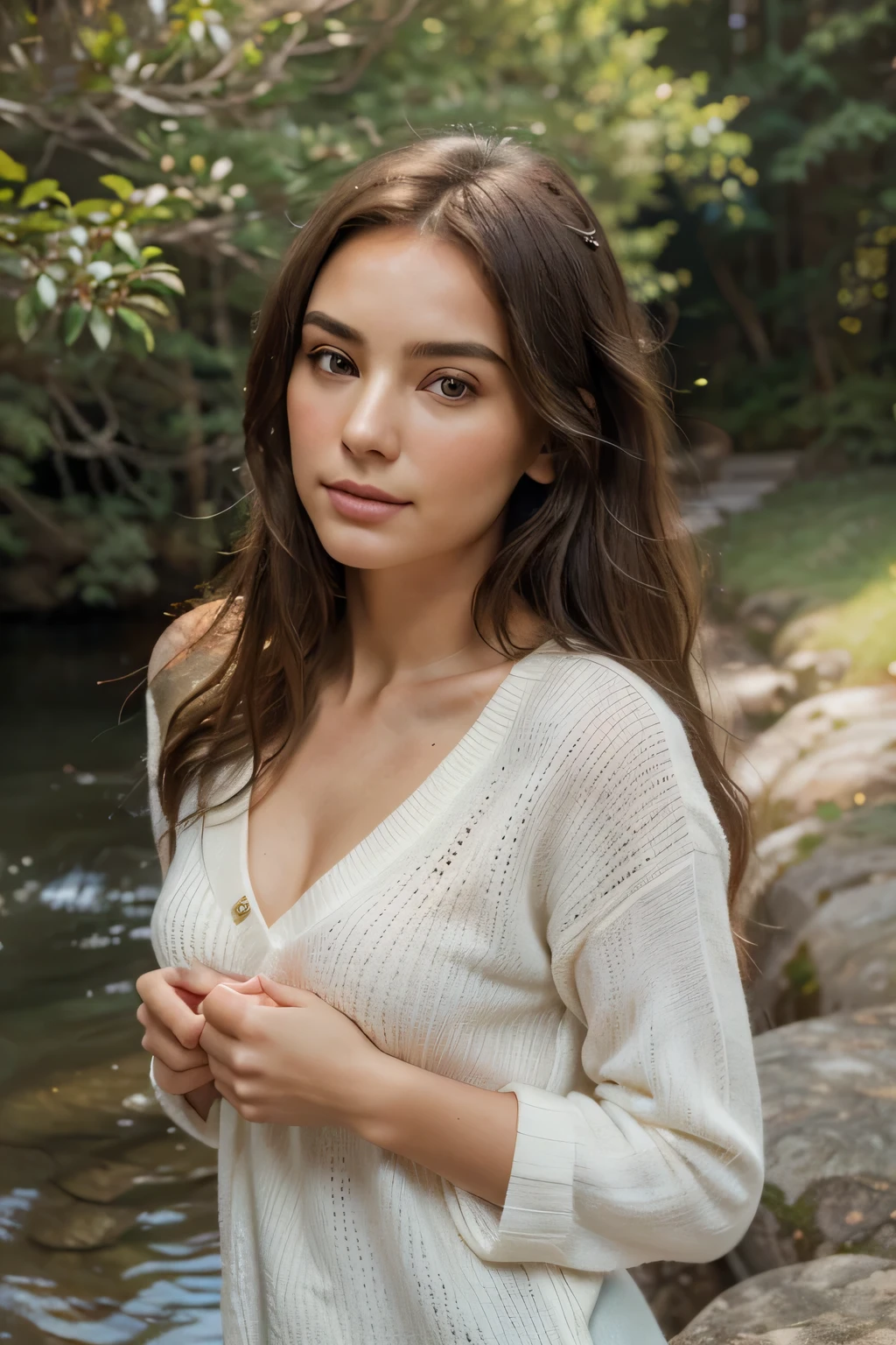 "Create an enchanting high-resolution portrait image in mesmerizing UHD quality, capturing the serene beauty of a model in her 20s. Picture her with hair delicately framing her captivating grey eyes, strands softly caressed by the breeze, embodying natural elegance and tranquility.
With Spanish-Italian heritage, her features emanate a timeless allure, accentuated by the graceful contour of a Nicole Portman nose. Clothed in a cozy white sweater and classic blue jeans, she exudes effortless charm against the rugged backdrop of nature.
Position her on a tranquil rock amidst the beauty of the natural world, where earth and sky converge in perfect harmony. Utilize advanced rendering techniques to ensure every detail is rendered with precision, from the texture of her hair to the subtle nuances of her expression.
Invite viewers to immerse themselves in the serenity of the moment, as they contemplate the beauty of the model and the tranquil surroundings. This portrait image is a masterpiece of grace and tranquility, inviting viewers to pause and appreciate the beauty of the natural world."