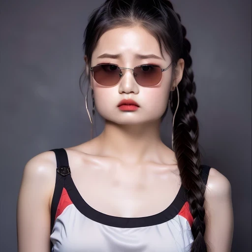 （best quality, masterpiece：1.2）, ID photo of a 13-year-old Chinese girl, sportswear, Camisole vest，Pure cotton，gray background, Surrealism, Ultra high quality, textured skin, high detail，facing the camera, 8K crocodile skeleton（（（Platinum marble sunglasses）））