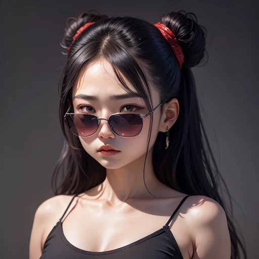 (best quality, masterpiece:1.2), ID photo of a 13-year-old Chinese girl, sportswear, Camisole vest,Pure cotton,gray background, Surrealism, Ultra high quality, textured skin, high detail,facing the camera, 8K crocodile skeleton(((Platinum marble sunglasses)))