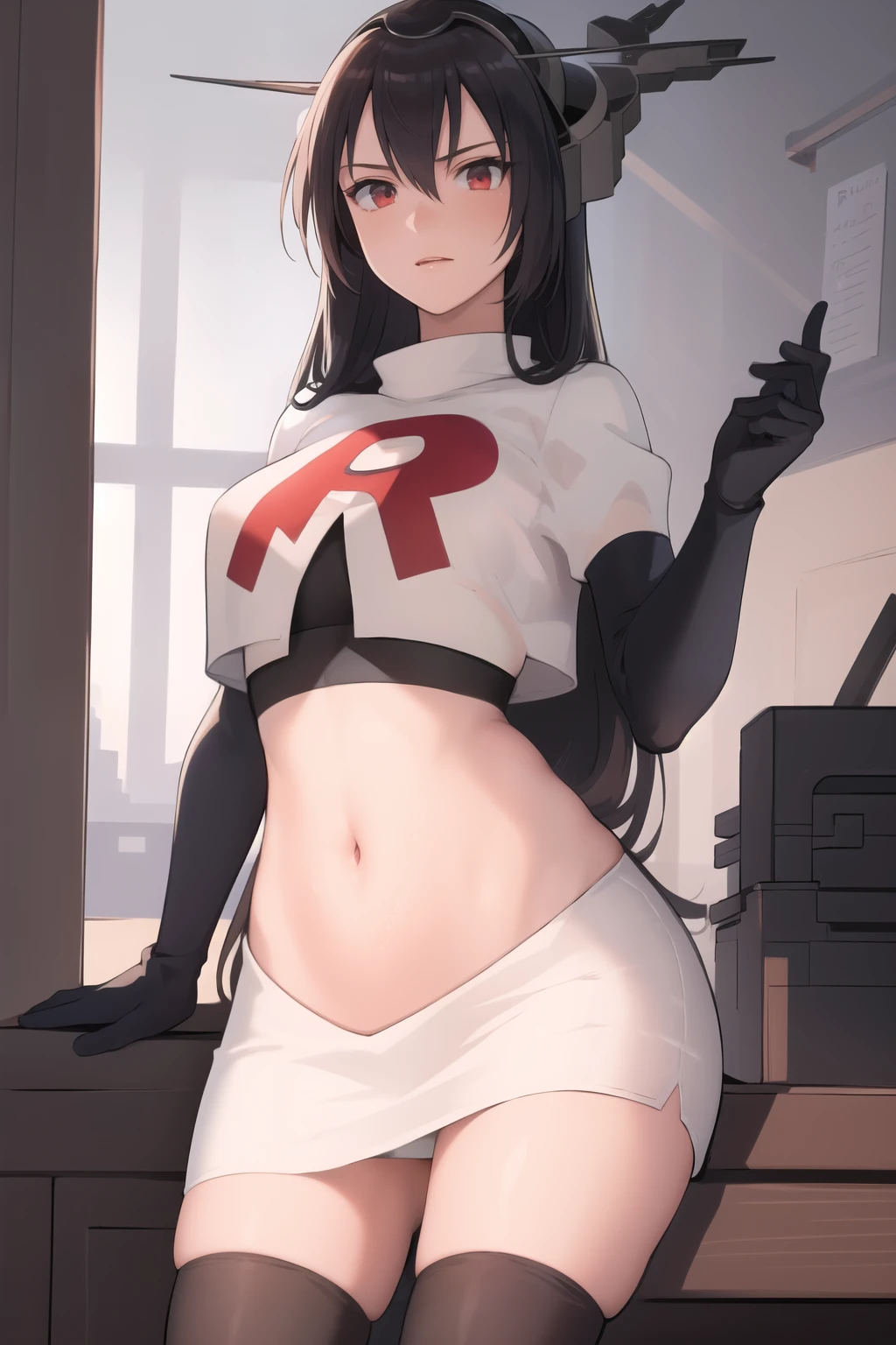 (masterpiece, best quality:1.2),illustration,8k,hd,1girl,solo,black_hair,long_hair,red_eyes,large_breasts,hair_between_eyes,headgear,navel,team rocket,team rocket uniform,white skirt,crop top,black thigh-highs,black elbow gloves,