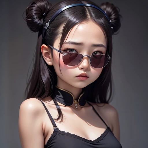 （best quality, masterpiece：1.2）, ID photo of a 13-year-old Chinese girl, sportswear, Camisole vest，Pure cotton，gray background, Surrealism, Ultra high quality, textured skin, high detail，facing the camera, 8K crocodile skeleton（（（Platinum marble sunglasses）））