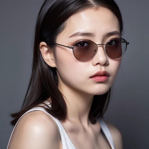 （best quality, masterpiece：1.2）, ID photo of a 13-year-old Chinese girl, sportswear, Camisole vest，Pure cotton，gray background, Surrealism, Ultra high quality, textured skin, high detail，facing the camera, 8K crocodile skeleton（（（Platinum marble sunglasses）））