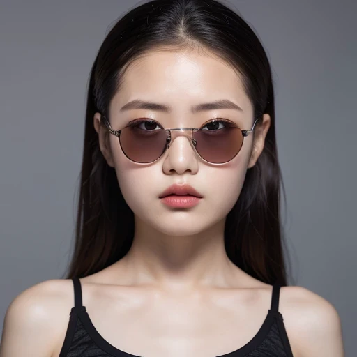 (best quality, masterpiece:1.2), ID photo of a -yeld Chse girl, sportswear, Camisole vest,Pure cotton,gray background, Surrealism, Ultra high quality, textured skin, high detail,facing the camera, 8K crocodile skeleton(((Platinum marble sunglasses)))