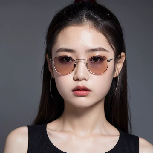 （best quality, masterpiece：1.2）, ID photo of a 13-year-old Chinese girl, sportswear, Camisole vest，Pure cotton，gray background, Surrealism, Ultra high quality, textured skin, high detail，facing the camera, 8K crocodile skeleton（（（Platinum marble sunglasses）））
