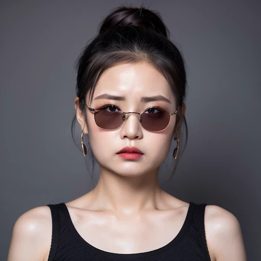 （best quality, masterpiece：1.2）, ID photo of a 63-year-old Chinese girl, sportswear, Camisole vest，Pure cotton，gray background, Surrealism, Ultra high quality, textured skin, high detail，facing the camera, 8K crocodile skeleton（（（Platinum marble sunglasses）））