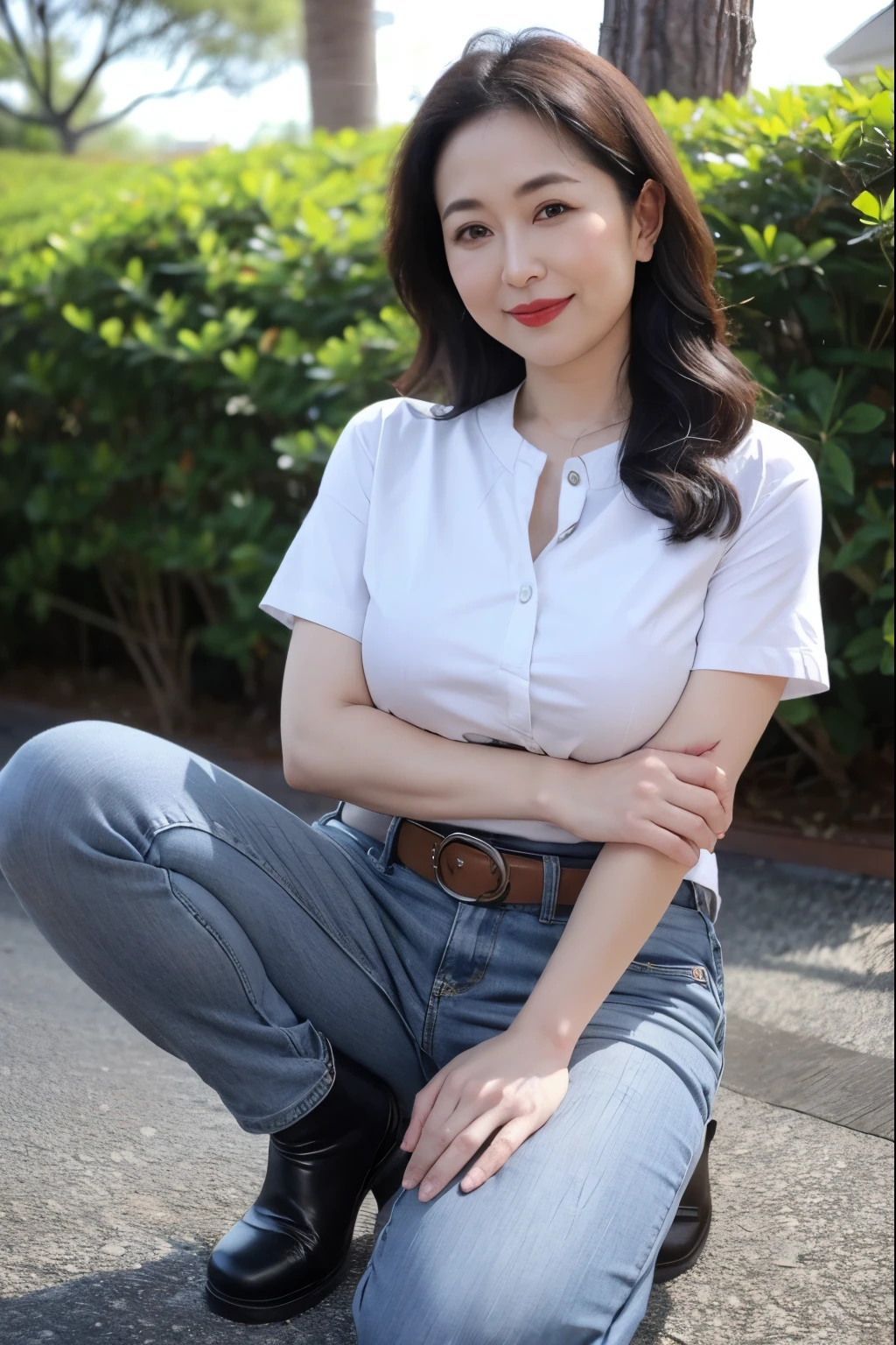 Draw lips correctly, red lipstick, from chest up, best quality, Super detailed, lifelike, Super fine skin, perfect anatomy, (1 日本Mature的女人), (alone),Wear a gray shirt,short sleeves,blue jeans,black belt,white long boots,wavy long hair,37-year-old female,Mature,charming smile,outdoor background,stand,Leg length,Chubby,Big breasts,stand up,full-body shot
