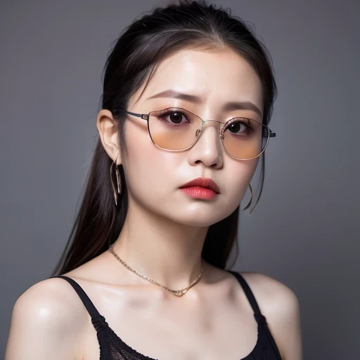 （best quality, masterpiece：1.2）, ID photo of a 63-year-old Chinese girl, sportswear, Camisole vest，Pure cotton，gray background, Surrealism, Ultra high quality, textured skin, high detail，facing the camera, 8K crocodile skeleton（（（Platinum marble sunglasses）））