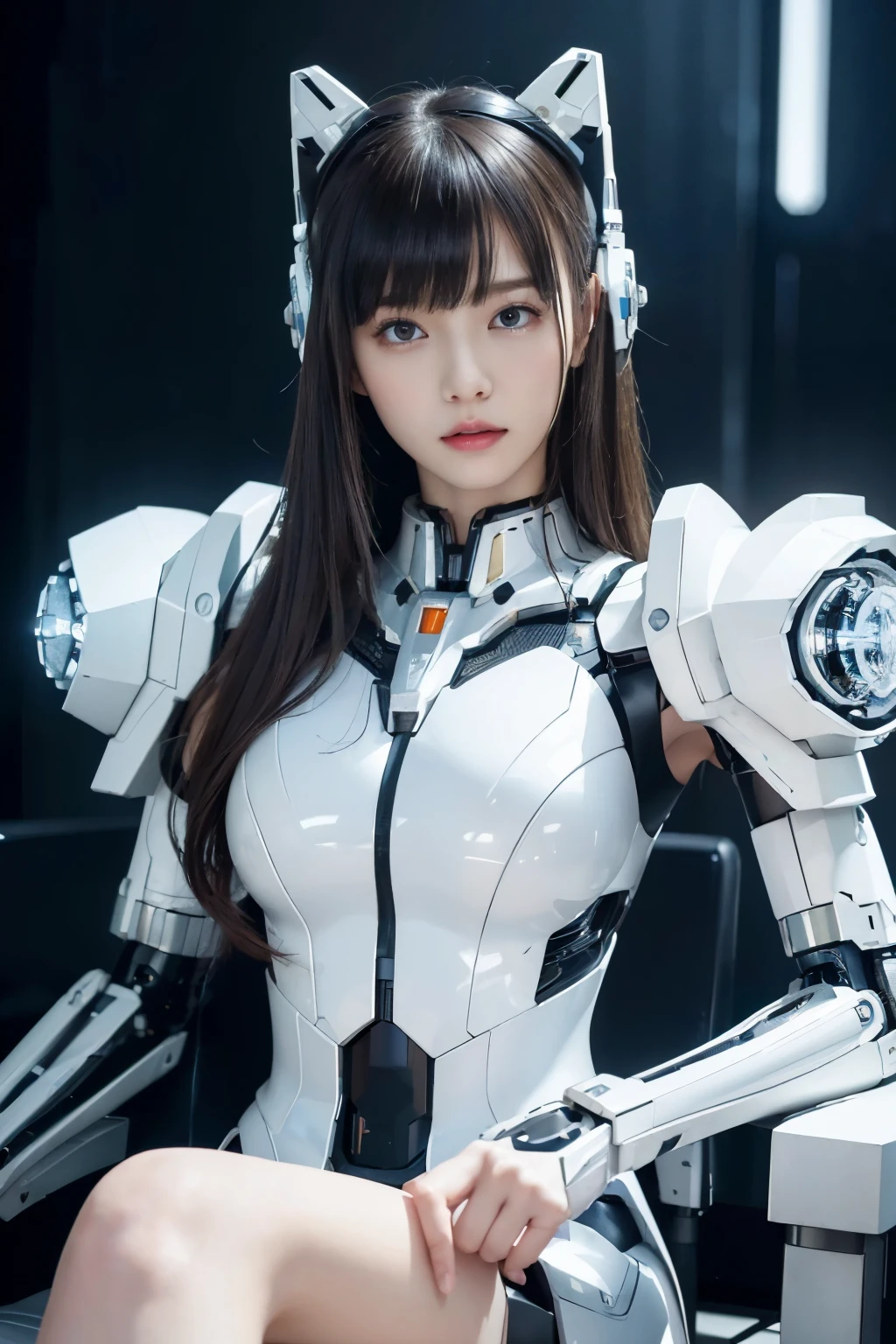 ((highest quality、8k、master piece:1.3))Wearing a silver-white mecha，Girl with a delicate face，best image quality，super transparent，The facial features are delicate and clear，Armageddon，machine arm，elaborate mechanical pattern,cyberpunk characters、cyber city、Number of people、Number of pieces、total number、century、sitting position