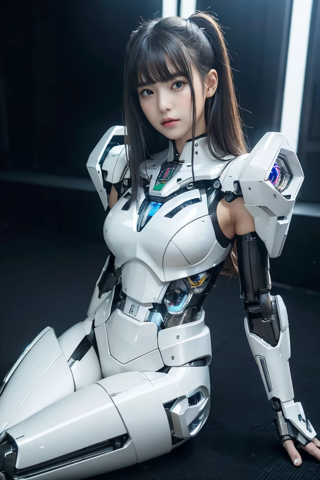 ((highest quality、8k、master piece:1.3))Wearing a silver-white mecha,Girl with a delicate face,best image quality,super transparent,The facial features are delicate and clear,Armageddon,machine arm,elaborate mechanical pattern,cyberpunk characters、cyber city、Number of people、Number of pieces、total number、century、sitting position