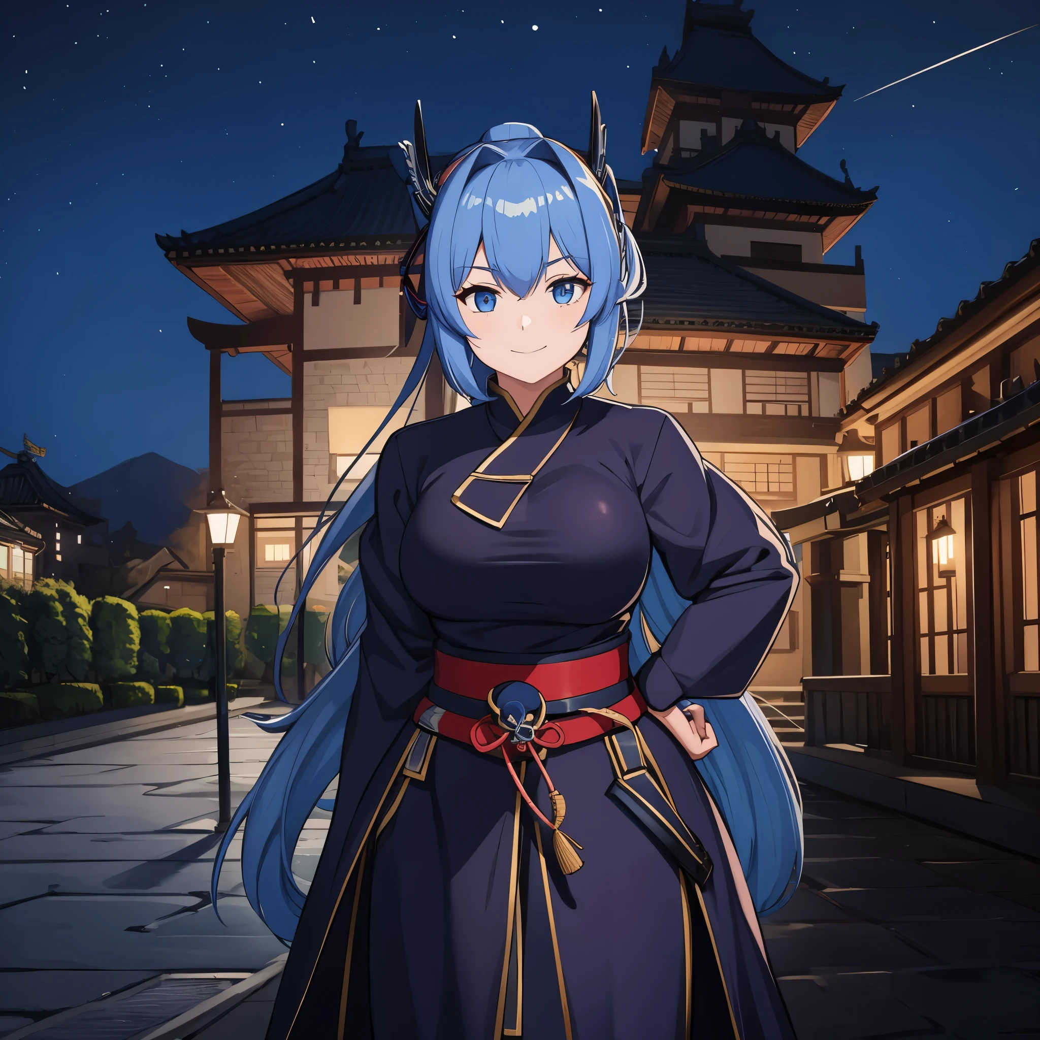 a woman in heavy samurai armor, sky blue hair, blue eyes outside a samurai castle at night, smiling
