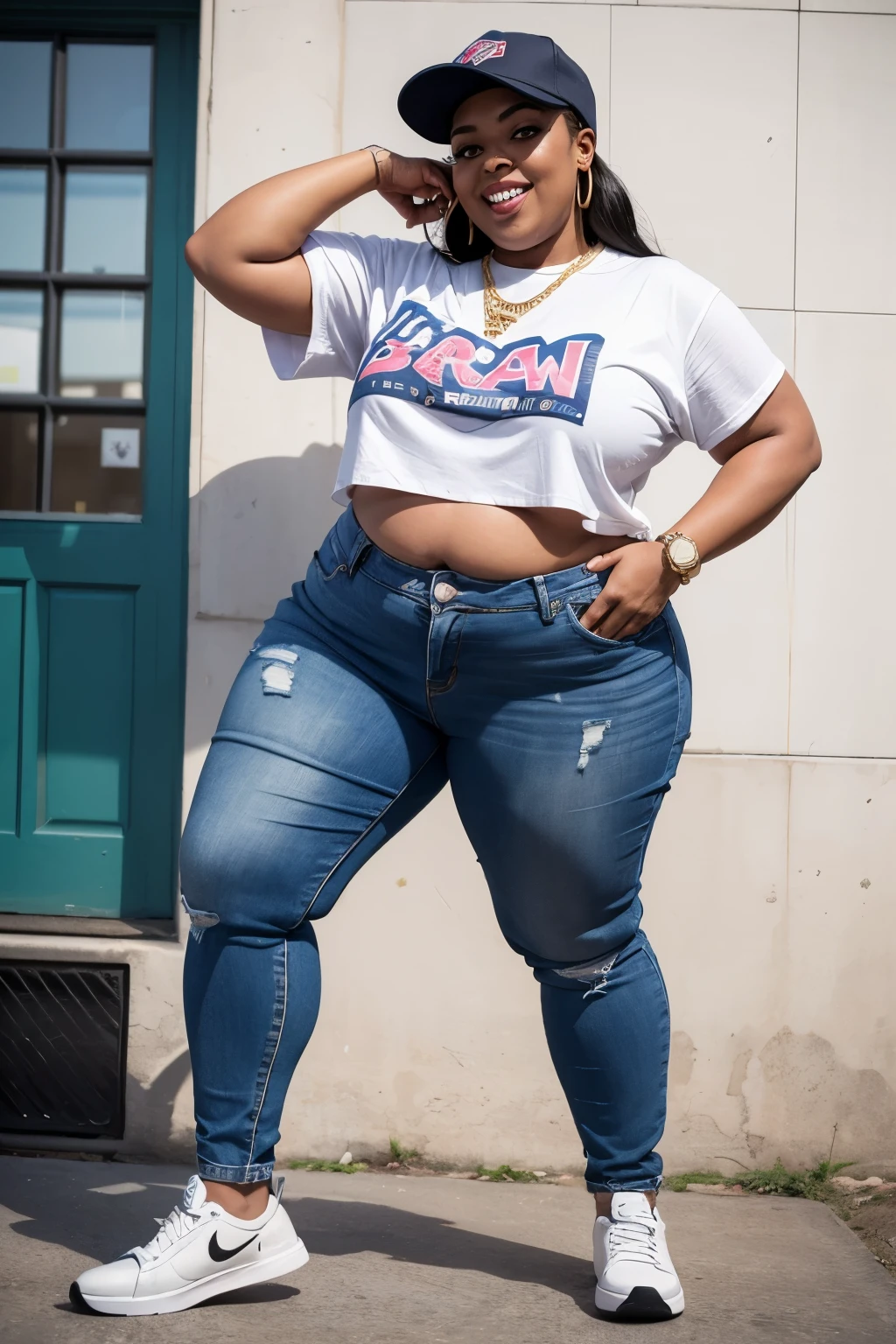 RAW, Best quality, high resolution, Masterpiece: 1.3), Beautiful representation of a 600-pound Persoamerican SSBBW (Super-Sized Beautiful Big Woman), Dimpled-face, Saggy belly, (Streetwear), Realistic, 1person, Detailed facial features, Wrinkles, Skin textures, Lively expressions, Bold personality, Urban fashion, Hip-hop culture, Baggy jeans, Oversized t-shirt, Sneakers, Gold chains, Cap, Belly laugh, Playful, Confident, Expressive, Showing off her unique beauty and charm, Warm smile, Inviting, Resilient,