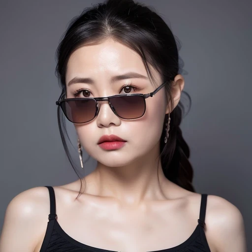 (best quality, masterpiece:1.2), ID photo of a 63-year-old Chinese girl, sportswear, Camisole vest,Pure cotton,gray background, Surrealism, Ultra high quality, textured skin, high detail,facing the camera, 8K crocodile skeleton(((Platinum marble sunglasses)))