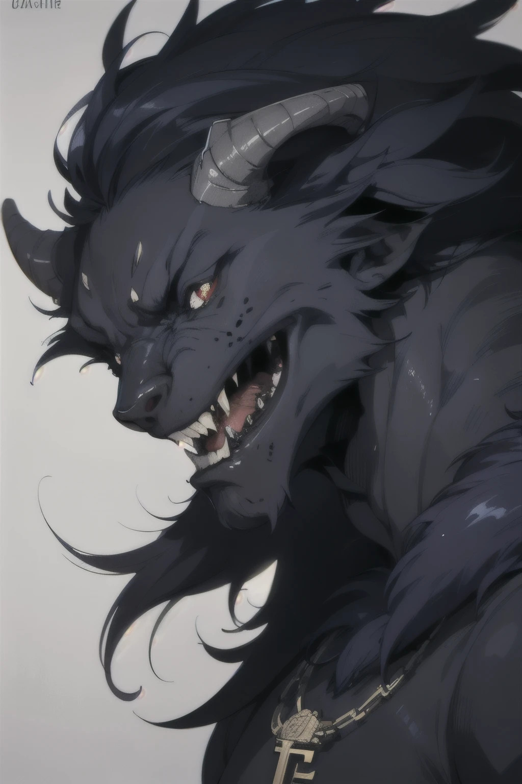 ((best quality)), ((masterpiece)), (detailed), perfect face, horns, beast (/disney/), black beast (/disney/), black furry, dark skin, detailed key anime art, detailed digital anime art, scary, attractive, dark hair, dark eyes, genderbent beast (/disney/), beast (/disney/)