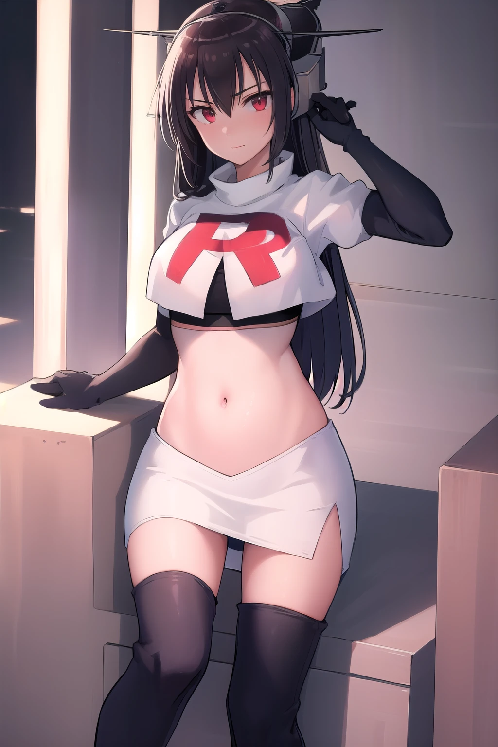 (masterpiece, best quality:1.2),illustration,8k,hd,1girl,solo,black_hair,long_hair,red_eyes,large_breasts,hair_between_eyes,headgear,navel,team rocket,team rocket uniform,white skirt,crop top,black thigh-highs,black elbow gloves,