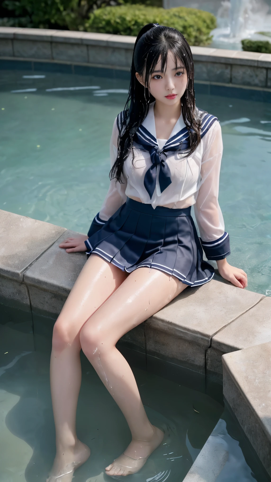 ((highest quality、8K、masterpiece:1.3))、standing、Sharp focus:1.2、(Realistic、Photorealistic:1.37)、Laughter、Woman with beautiful face、28 years old、Pointed Chest、Long eyelashes、Colored Contact Lenses、big 、Delicate、Very fine grain、Highly detailed eyebrows、(Sharp eyebrows)、(Thin eyebrows).Highly detailed face、(Brunette messy hair:1.3、From below、Detailed Background(8K、masterpiece、highest quality、Raw photo、Brunette messy hair:1.3、Sailor suit、(Japan School Pool:1.3)、(blue sky:1.4)、(sun:1.4)、(A radiant smile:1.3)、(Long skirt:1.2)、(Bend your knees and jump into the pool:1.4)