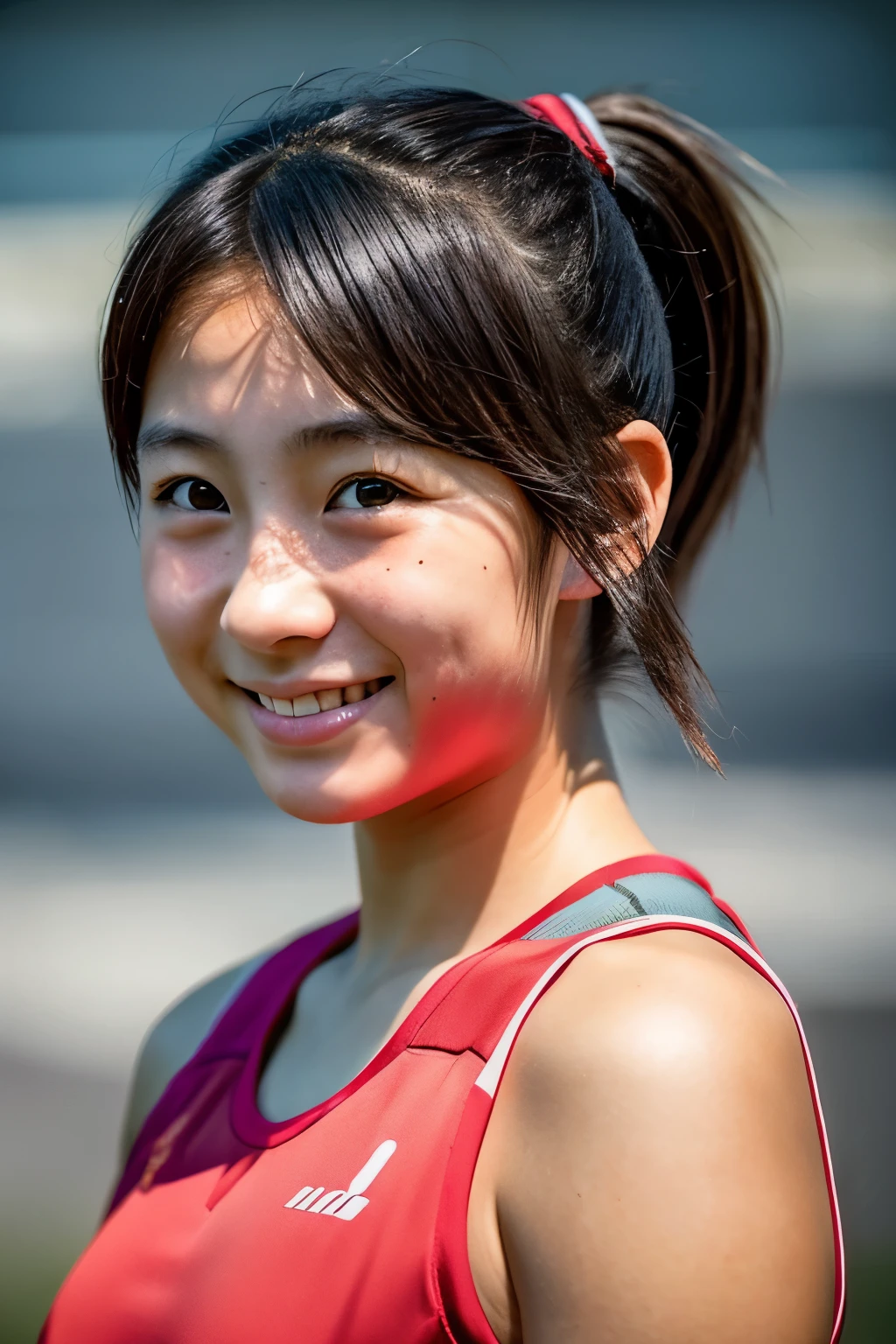 (Beautiful 12 year old Japanese female track and field athlete), cute face, (deeply carved face:0.7), (freckles:0.6), dramatic lighting, shy, ponytail, (smile), (sparkling eyes), thin, athletics stadium, athlete, slender