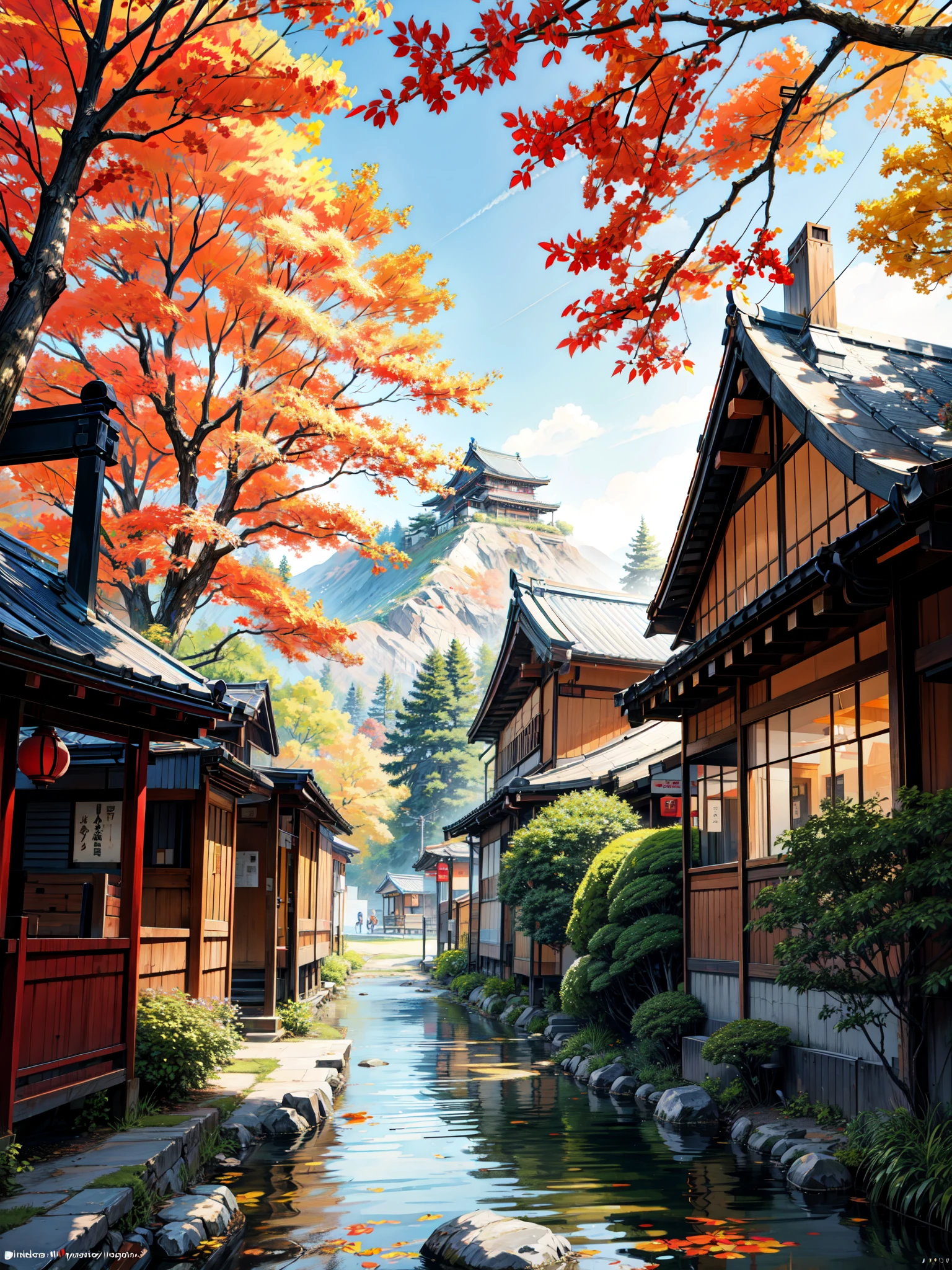 painting of a Japan kyoto downtown street, beautiful scenery,bushes, maples leaves,autumn time, sunlight,((glistening look)),ghibi style, hd, High quality, water reflection, bushes,4k hd, cloud,beautiful art uhd 4 k, a beautiful artwork illustration, beautiful digital painting, highly detailed digital painting, beautiful digital artwork, detailed painting 4 k, very detailed digital painting, rich picturesque colors, gorgeous digital painting