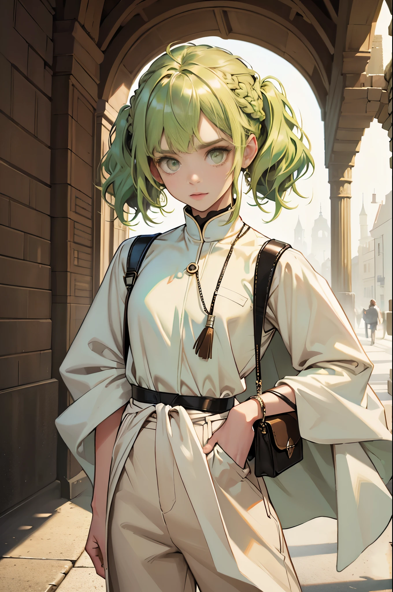 masterpiece, super detailed, 8K portrait, RAW photo, portrait photography, highly detailed face, beautiful and detailed eyes, ((fantasy)), young and beautiful, 15 years old, (((droopy eyes))), dynamic pose, (((short wavy light green hair))), ((Braided twintails)), parted bangs, white skin color, luxury, (((White tunic))), ((((Brown wide pants)))), (((brown cloak))), (((little waist hip pouch))), High Cut Leather Bootagic book in hand)), midday sun, surreal, slender body, flat chest, long legs, on the medieval road, environmental lighting, shadow details , focus the camera on the face, strong wind, light fog