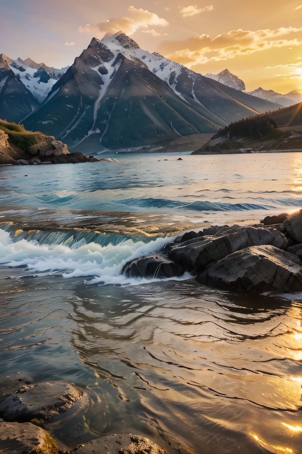 sea of reality，Mountains next to it，evening, The golden sunset shines on the mountains，like golden mountains and earth，The water is still blue，Ripples，Realistic natural scenery scenes