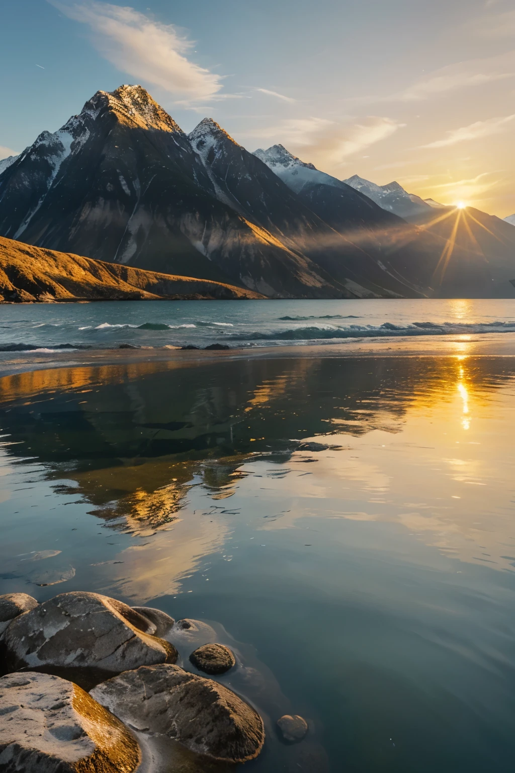 Realistic sea with mountains next to it,At dusk, the golden sunset shines on the mountains,like golden mountains and earth,The water is still blue with ripples,Realistic natural scenery scenes