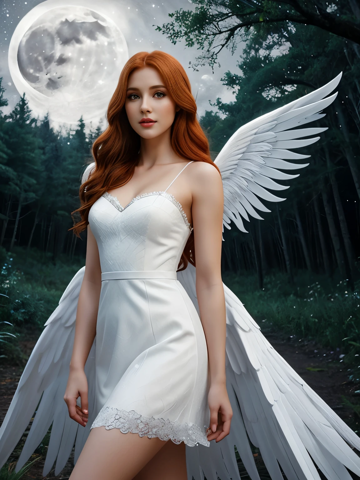Female angel with brown eyes and long redhead hair in white dress pretty big wings on a night night with moonlight and stars in a forest 8k detailed realistic image