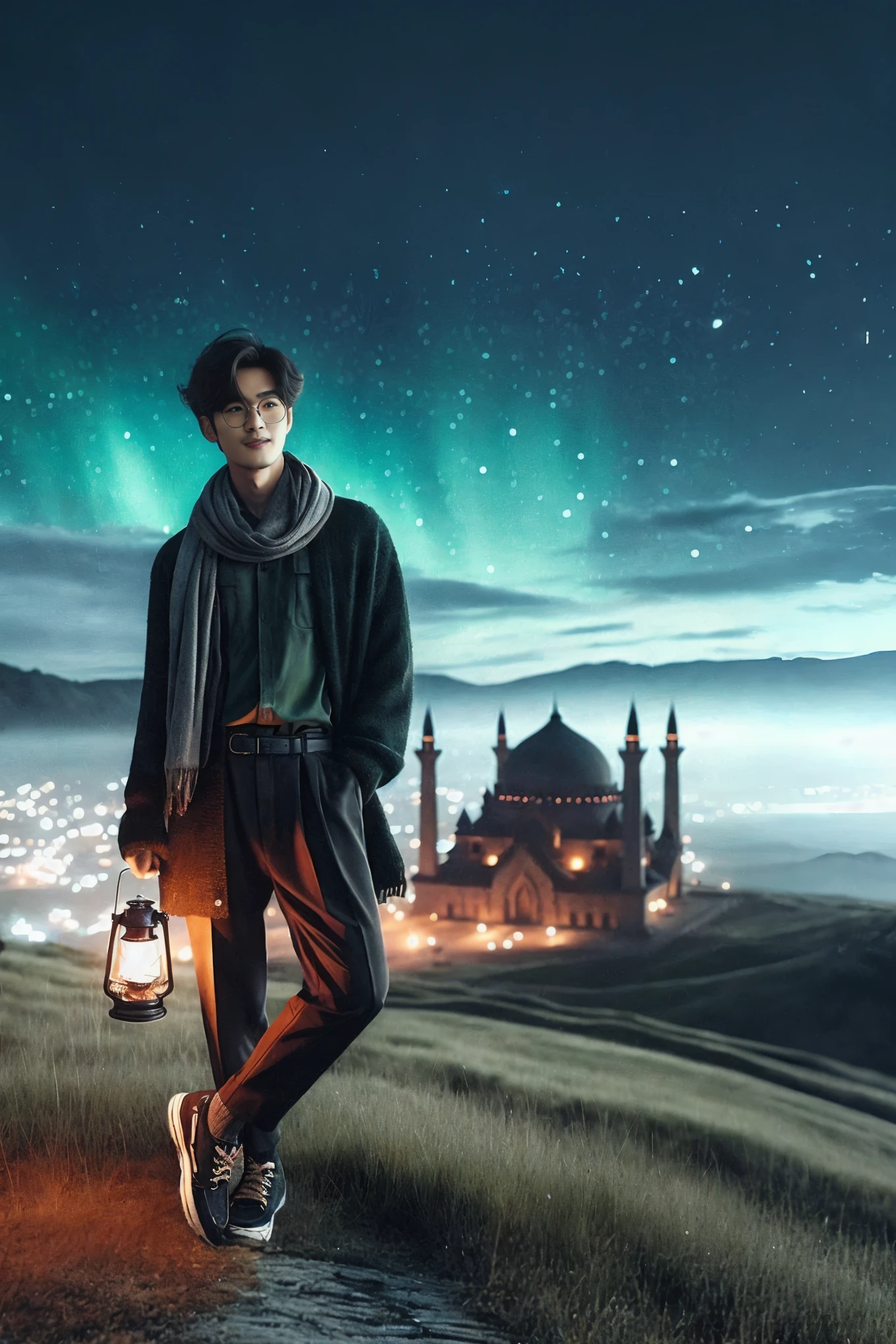 arafed man holding a lantern in a field with a castle in the background, in front of a fantasy city, inspired by jeonseok lee, inspired by Zhang Han, artwork in the style of guweiz, inspired by Amir Zand, profile picture 1024px, matte painting portrait shot, inspired by Yeong-Hao Han, portrait shot