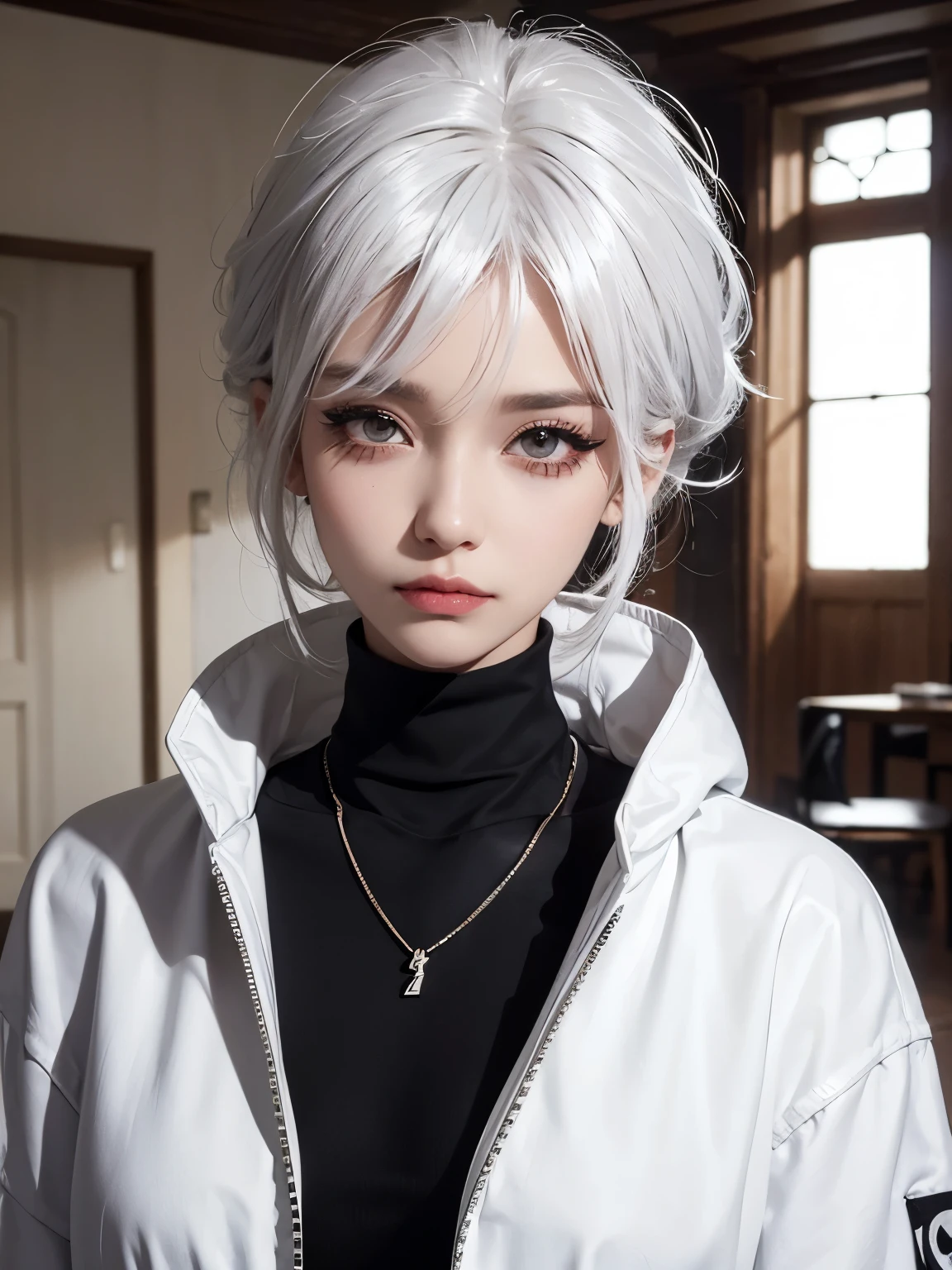 woman, white hair, messy hair, bedhead, bedhair,  white jacket, black turtleneck, necklace, chain, smoky eyes, eyeshadow, eyeliner, eyelashes, arrogant grin, indoors, mascara