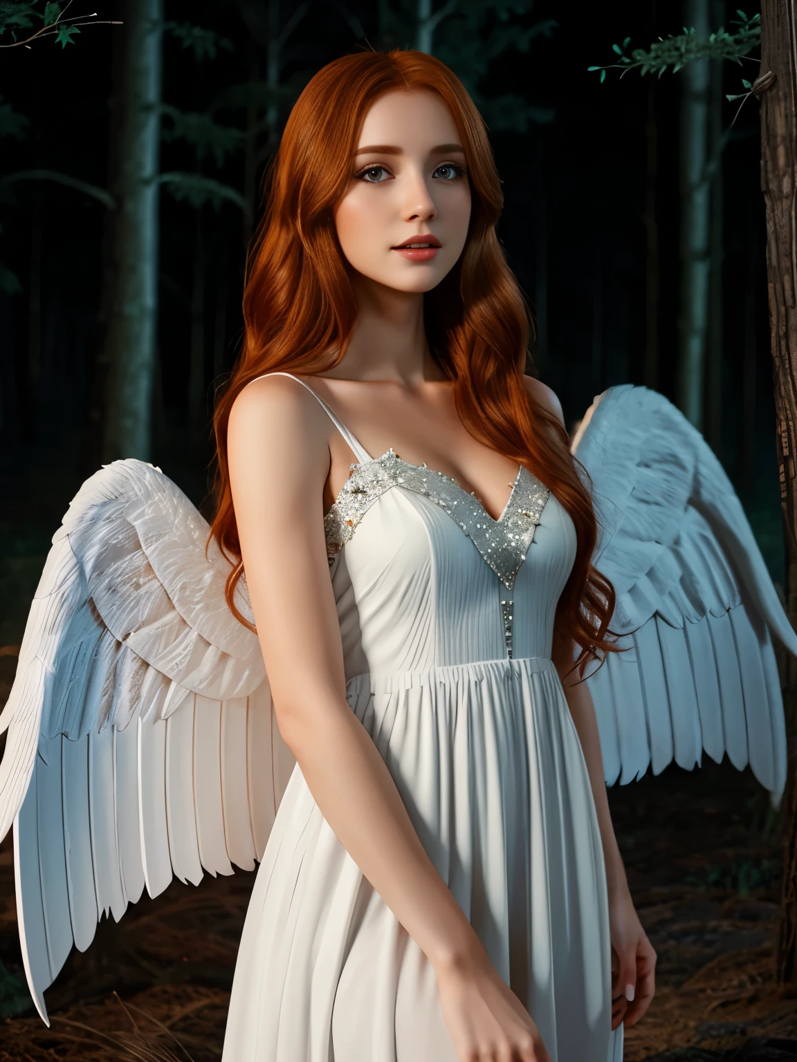 Female angel with brown eyes and long redhead hair in white dress pretty big wings on a night night with moonlight and stars in a forest 8k detailed realistic image 