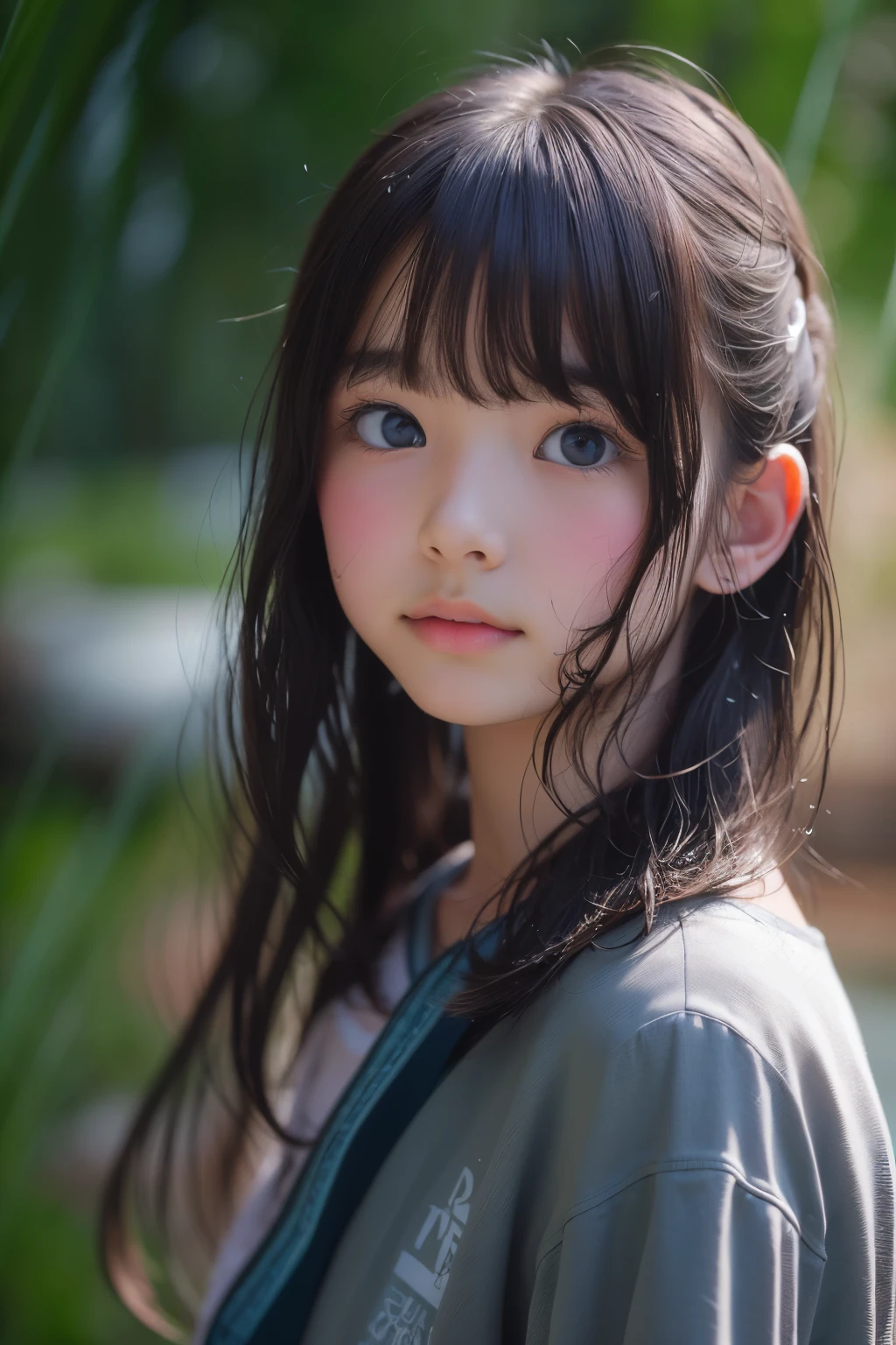 ((sfw: 1.4)), (sfw, wet hair-hair, 1 Girl)), Ultra High Resolution, (Realistic: 1.4), RAW Photo, Best Quality, (Photorealistic Stick), Focus, Soft Light, ((15 years old)), ((Japanese)), (( (young face))), (surface), (depth of field), masterpiece, (realistic), woman, bangs, ((1 girl))